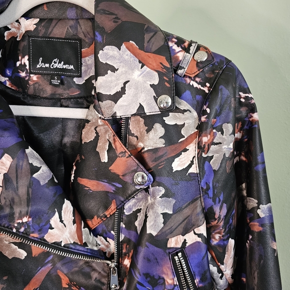Sam Edelman Faux Vegan Leather Moto Jacket Floral Size Small Black Pink Blue - Picture 4 of 9